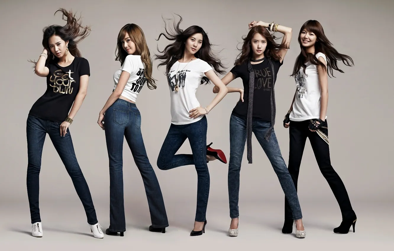 Фото обои музыка, девушки, волосы, джинсы, группа, азиатки, южная корея, SNSD