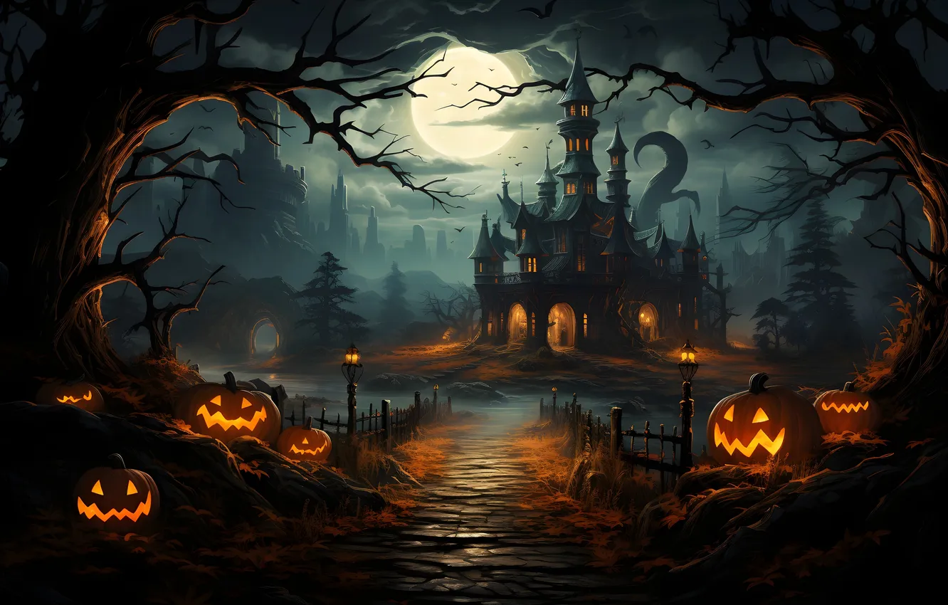 Фото обои Дома, Ночь, Деревья, Луна, Тучи, Тыквы, Halloween, Хэллоуин