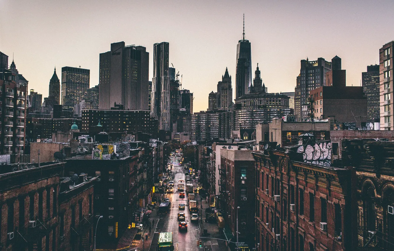 Фото обои закат, грузовики, движение, улица, Нью-Йорк, горизонт, Манхэттен, автомобили