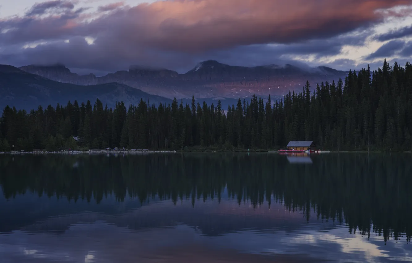 Фото обои лес, закат, озеро, Alberta, Lake Louise