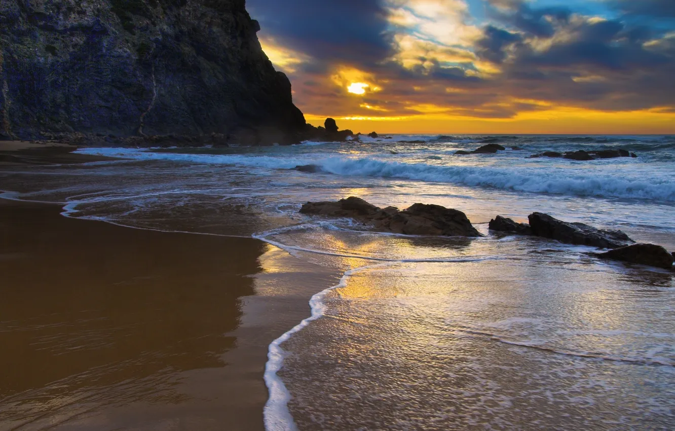 Фото обои песок, пляж, пейзаж, закат, природа, океан, тропический