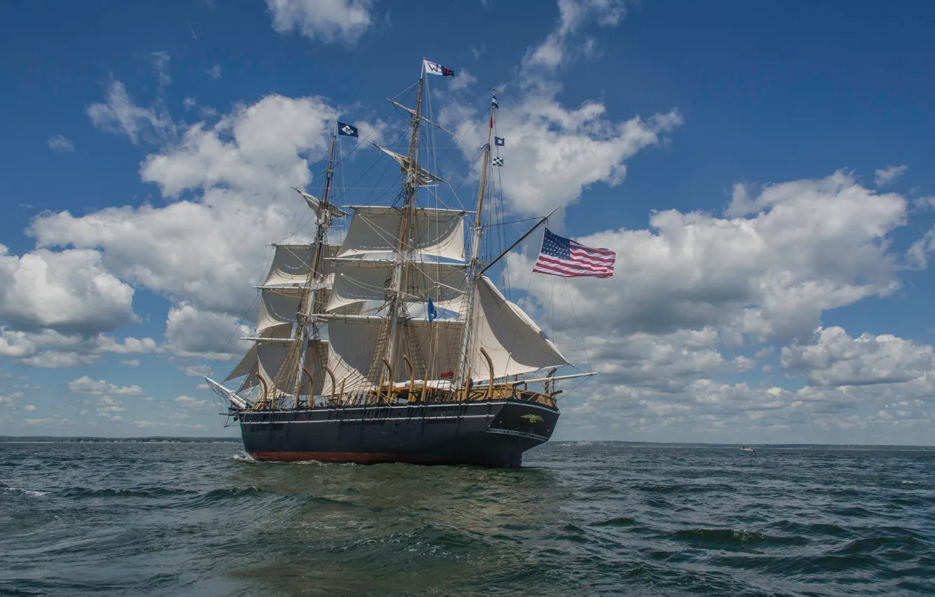 Фото обои Флаг, Парусник, Паруса, Мачта, Китобойное судно, CHARLES W. MORGAN