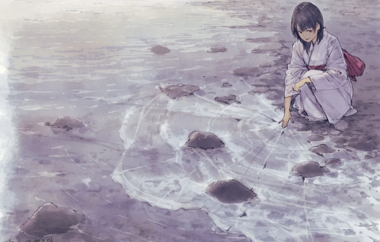Фото обои лед, море, девушка, кимоно