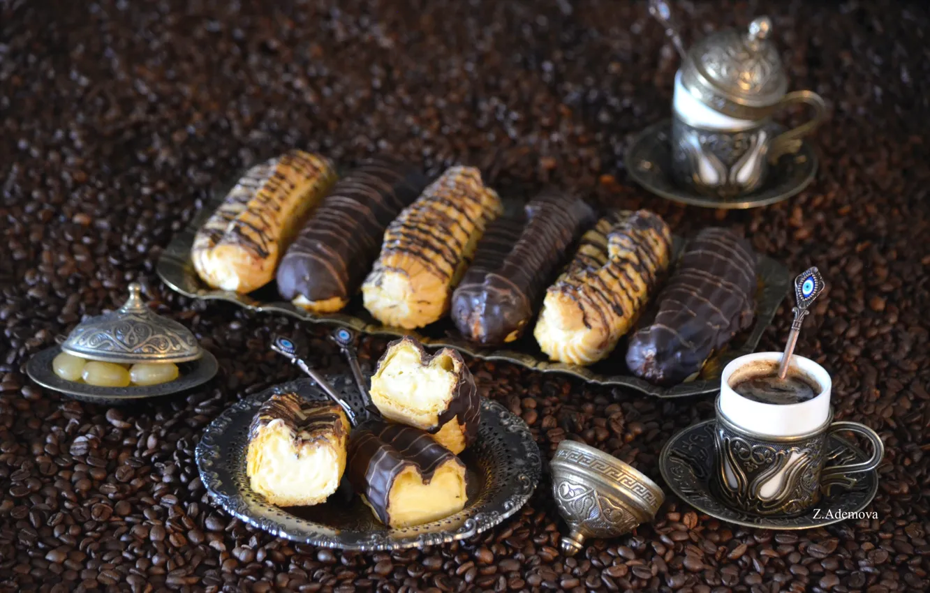 Фото обои кофе, шоколад, зерна, десерт, эклеры