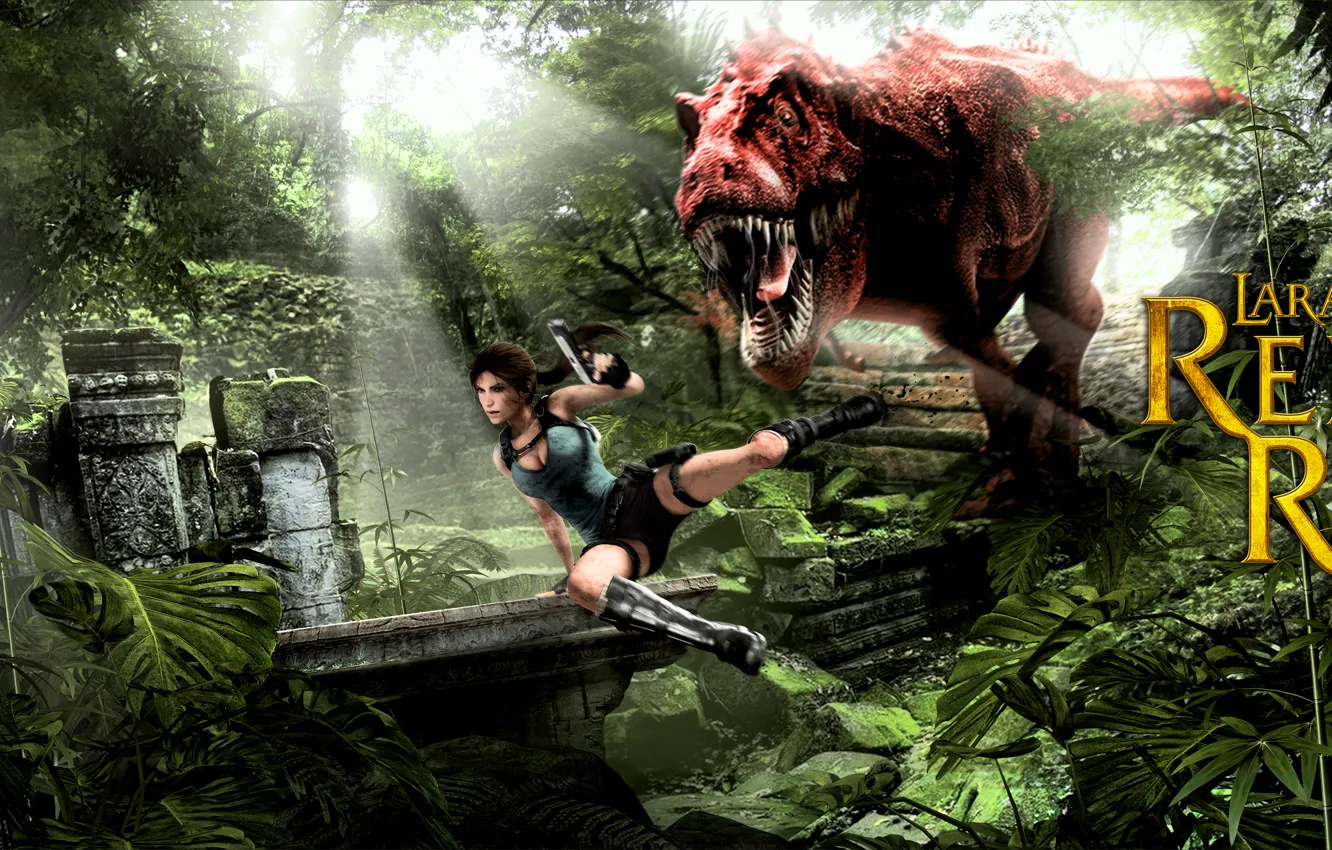 Фото обои девушка, динозавр, джунгли, lara croft, tomb raider, Tyrannosaurus rex, T. rex