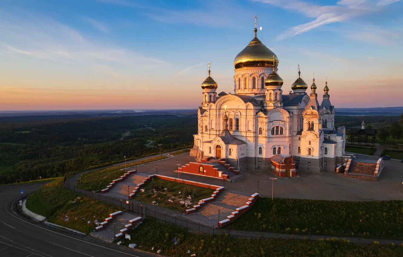 Фото обои пейзаж, утро, храм, лестницы, Пермский край, Белая гора, Белогорский Николаевский монастырь, Александр Лукин