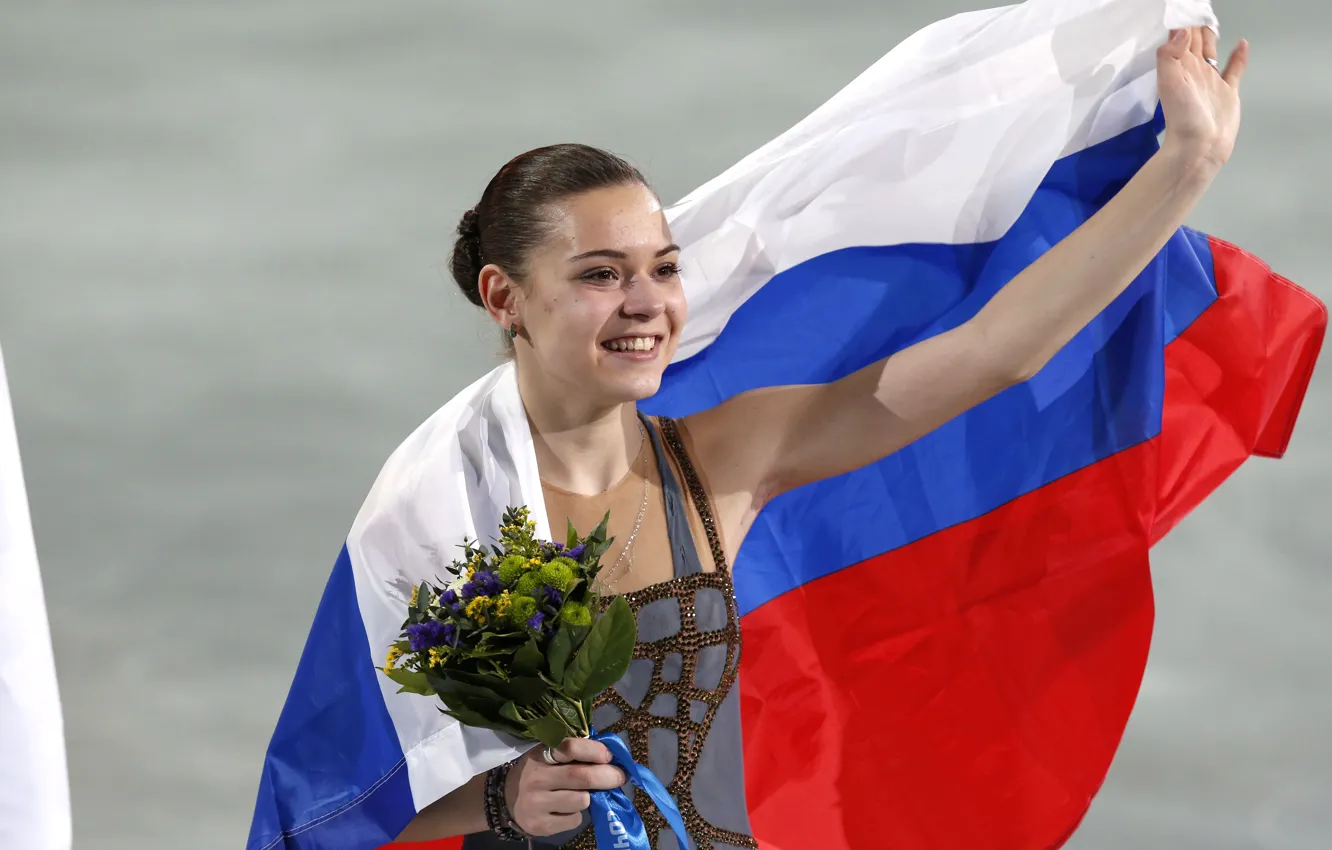 Фото обои радость, цветы, букет, флаг, фигурное катание, РОССИЯ, Сочи 2014, XXII Зимние Олимпийские Игры