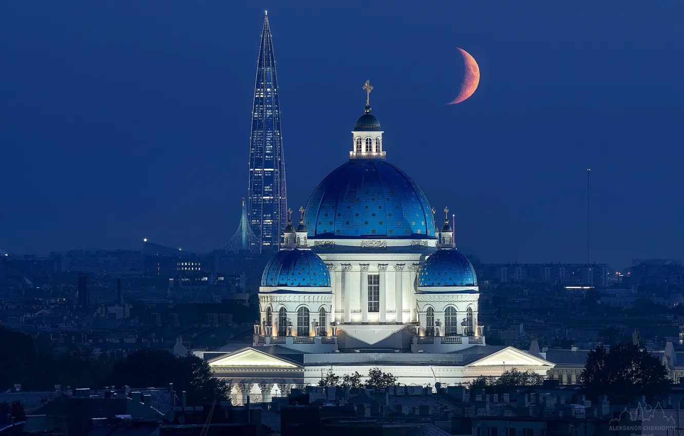 Фото обои луна, месяц, Санкт-Петербург, храм, Россия, ночной город, небоскрёб, Лахта-центр