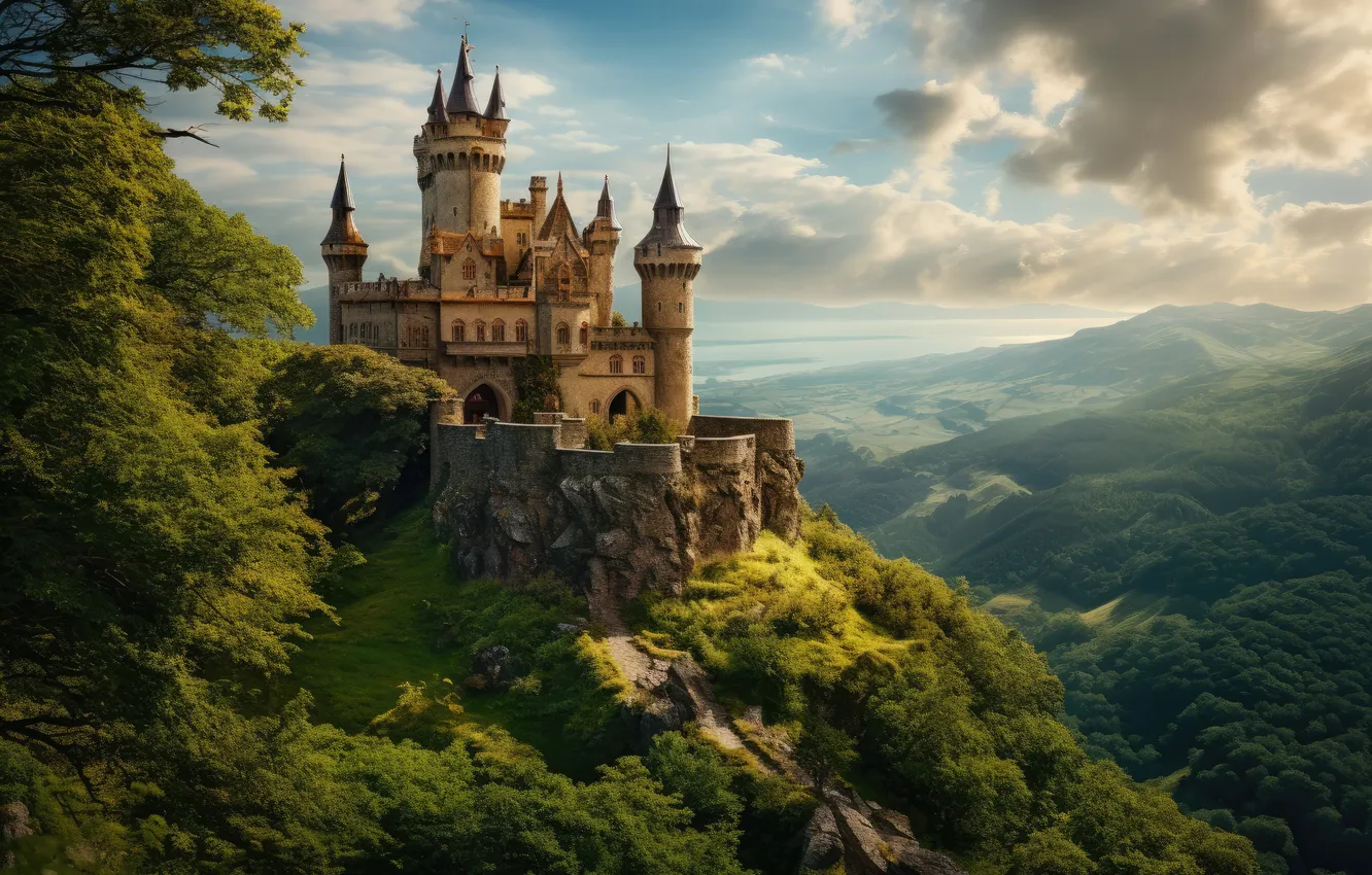 Фото обои небо, скала, замок, landscape, castle, ancient