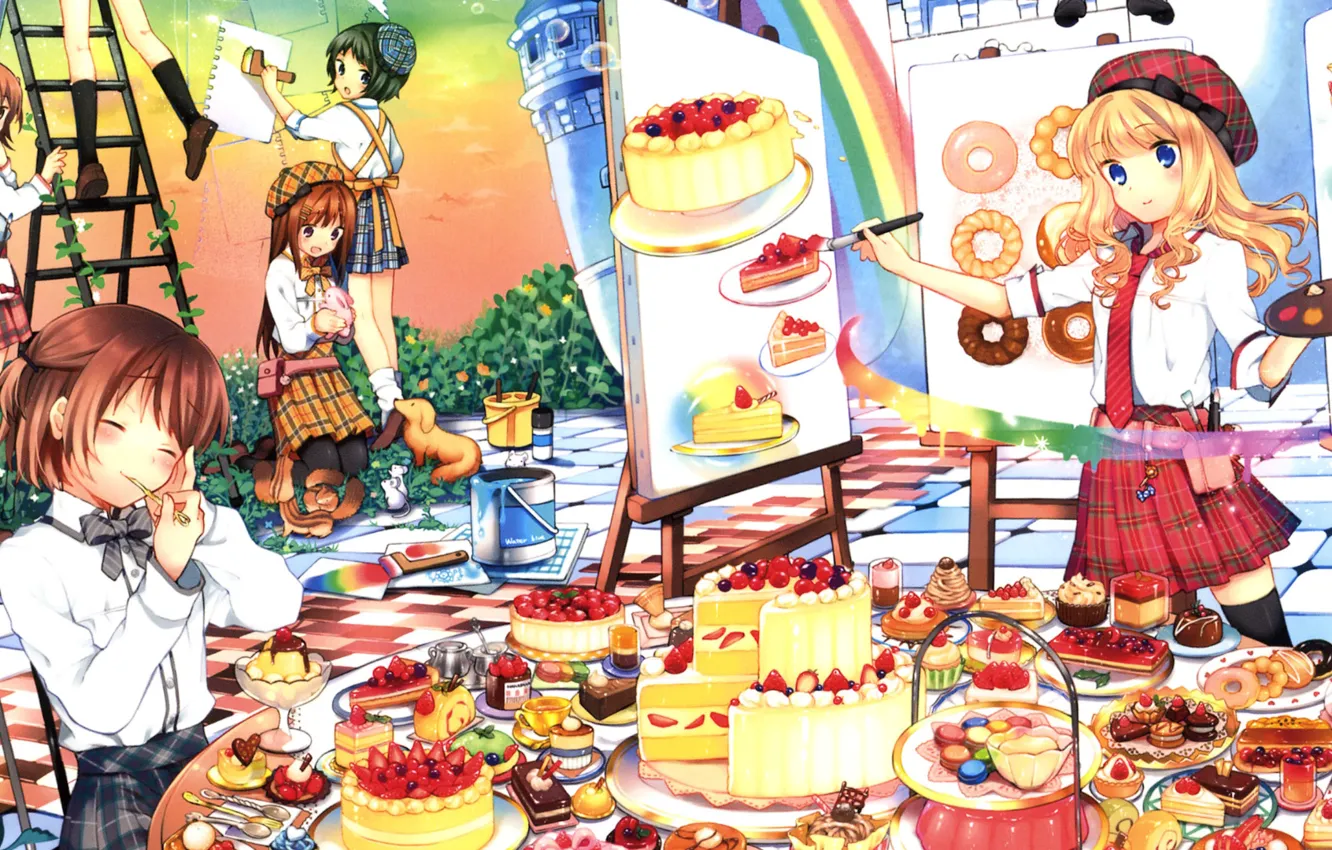 Фото обои ягоды, стол, краски, лестница, сладости, торт, пирожное, Девочки