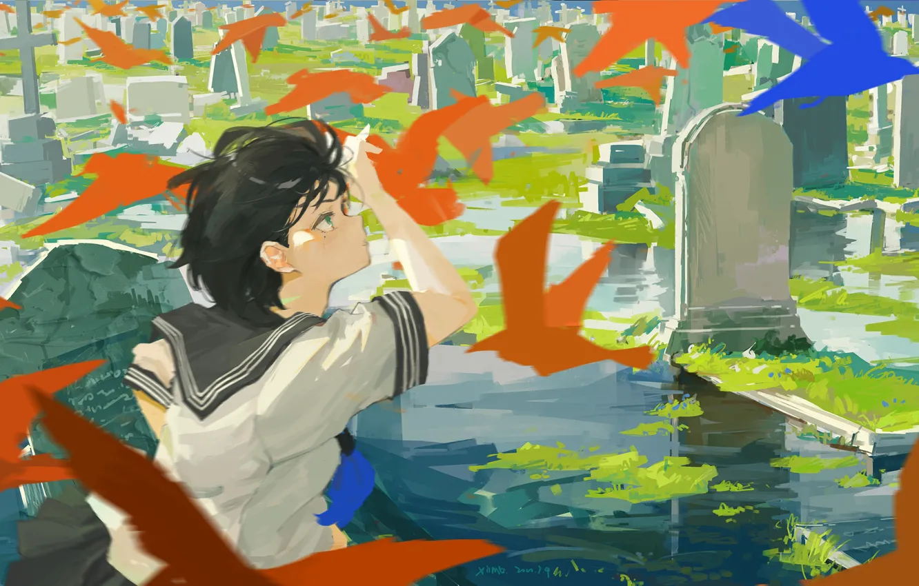Фото обои вода, девушка, кладбище, школьница, бумажные птицы