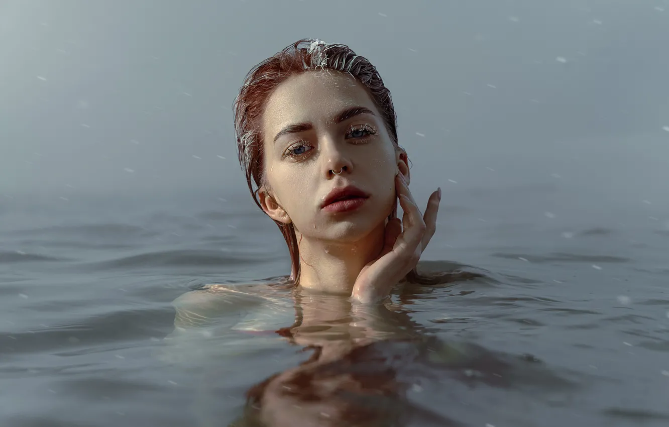 Фото обои иней, девушка, снег, в воде, Владимир Репин