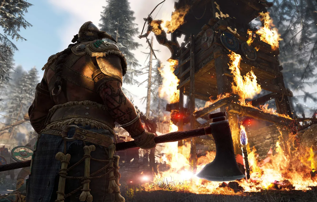 Фото обои fire, flame, game, armor, weapon, man, viking, warrior