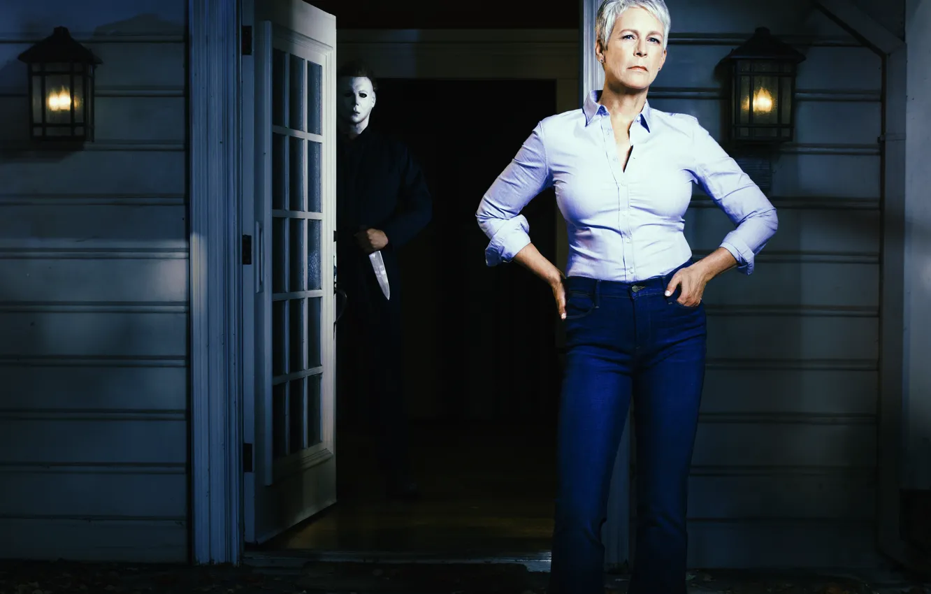 Фото обои маска, Halloween, тыква, Хэллоуин, jason, Jamie Lee Curtis, Laurie Strod, Джейми Ли Кёртис