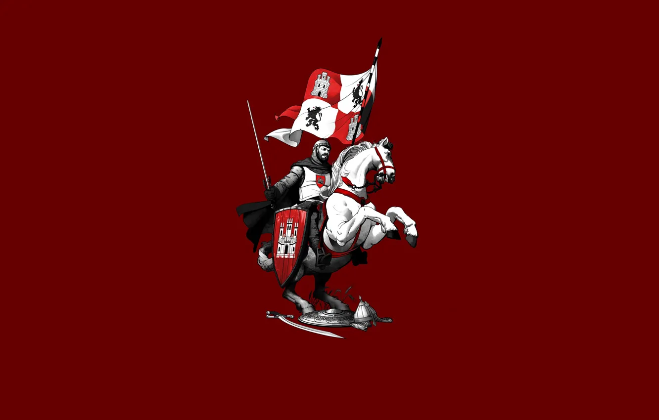 Фото обои Минимализм, Лошадь, Доспехи, Меч, Конь, Рыцарь, Illustration, Knight