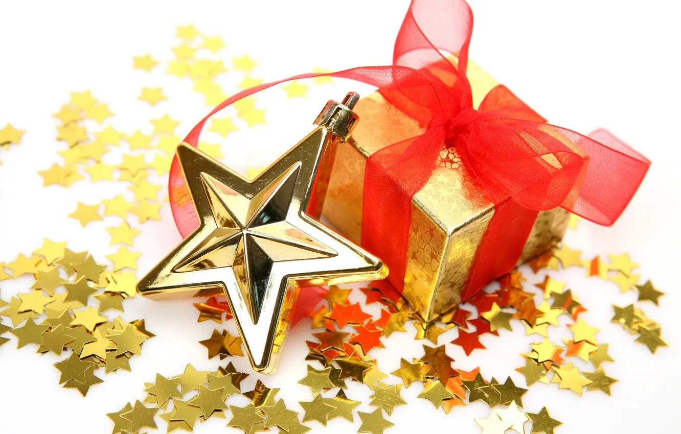 Фото обои праздник, подарок, игрушки, звезда, новый год, лента, декорации, happy new year