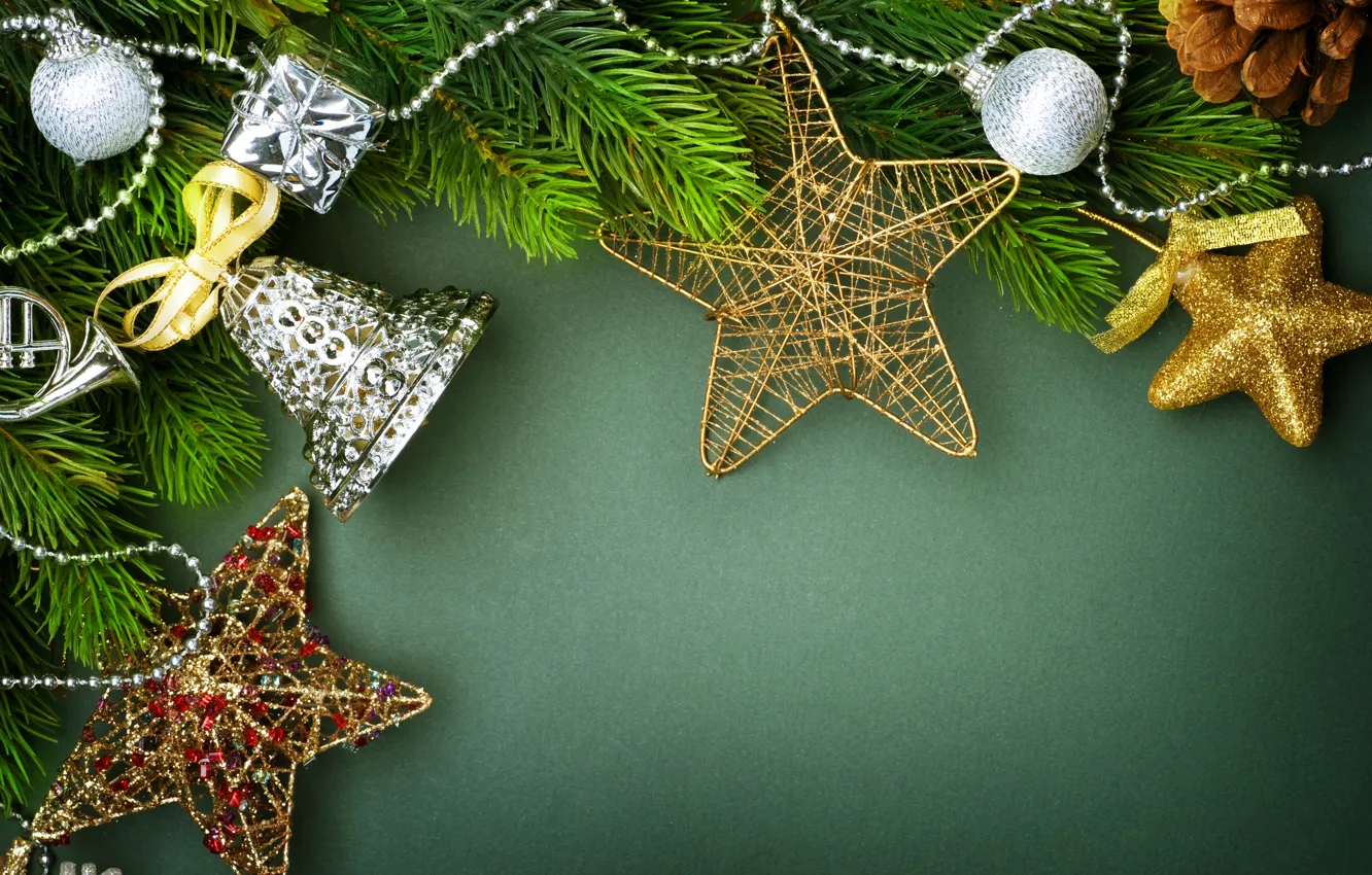 Фото обои шарики, украшения, ветки, зеленый, фон, праздник, игрушки, Новый год