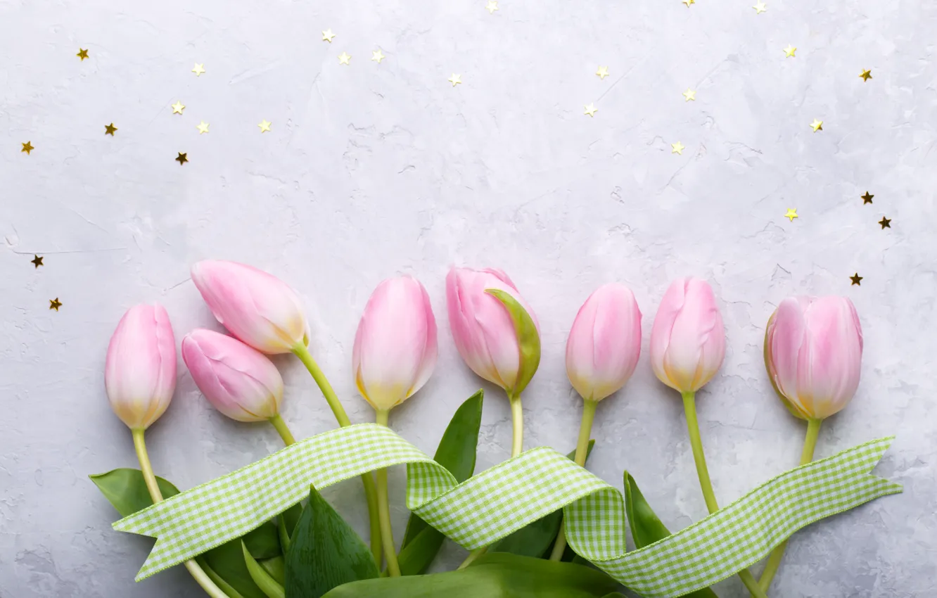 Фото обои цветы, букет, лента, тюльпаны, розовые, fresh, pink, flowers