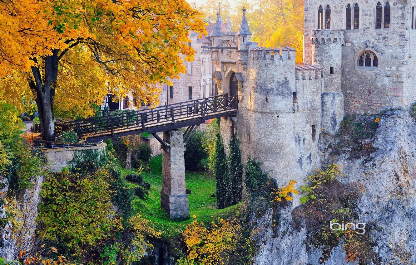 Фото обои осень, листья, деревья, природа, скала, замок, листва, башня