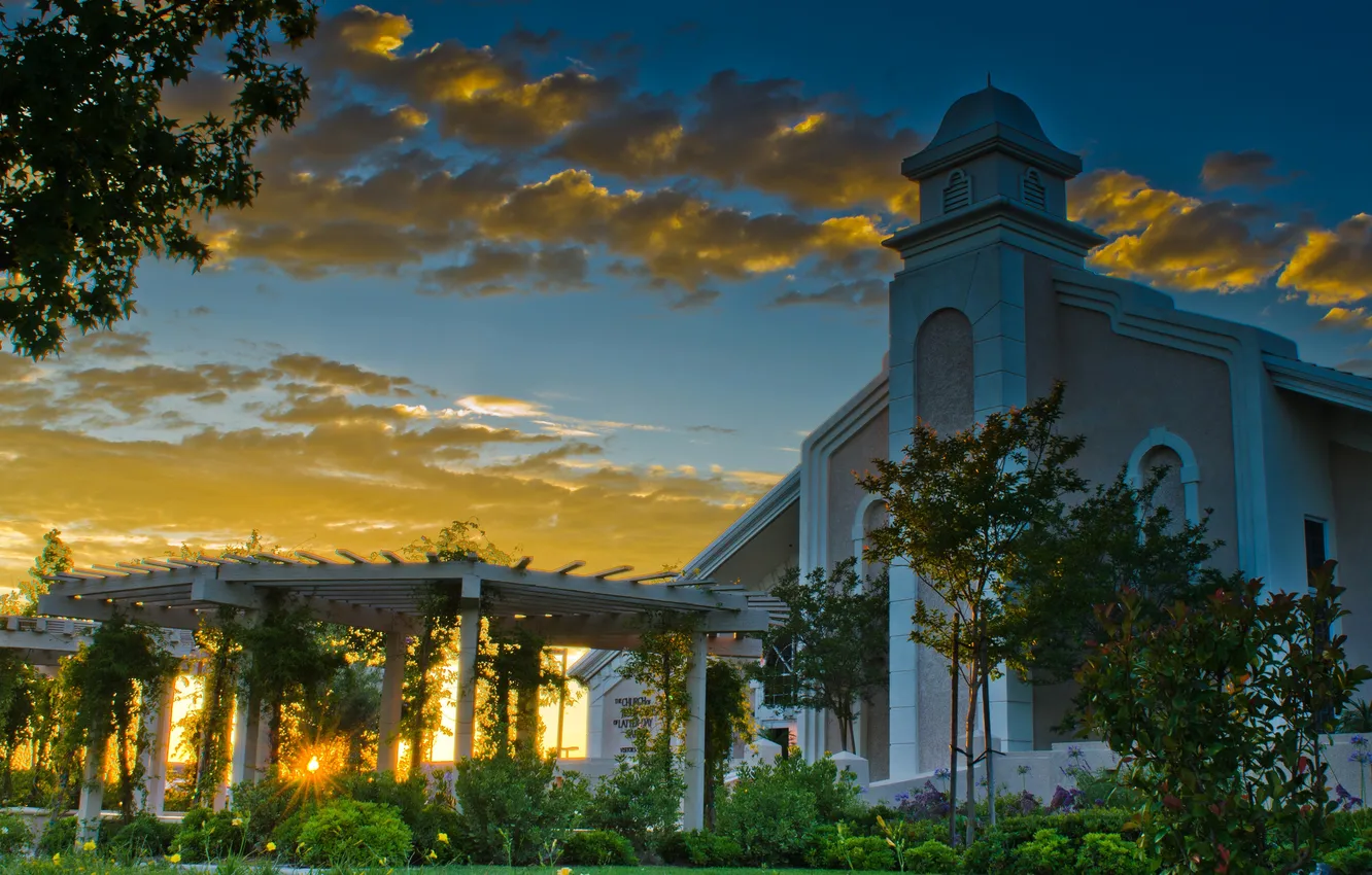 Фото обои закат, Калифорния, церковь, США, лучи солнца