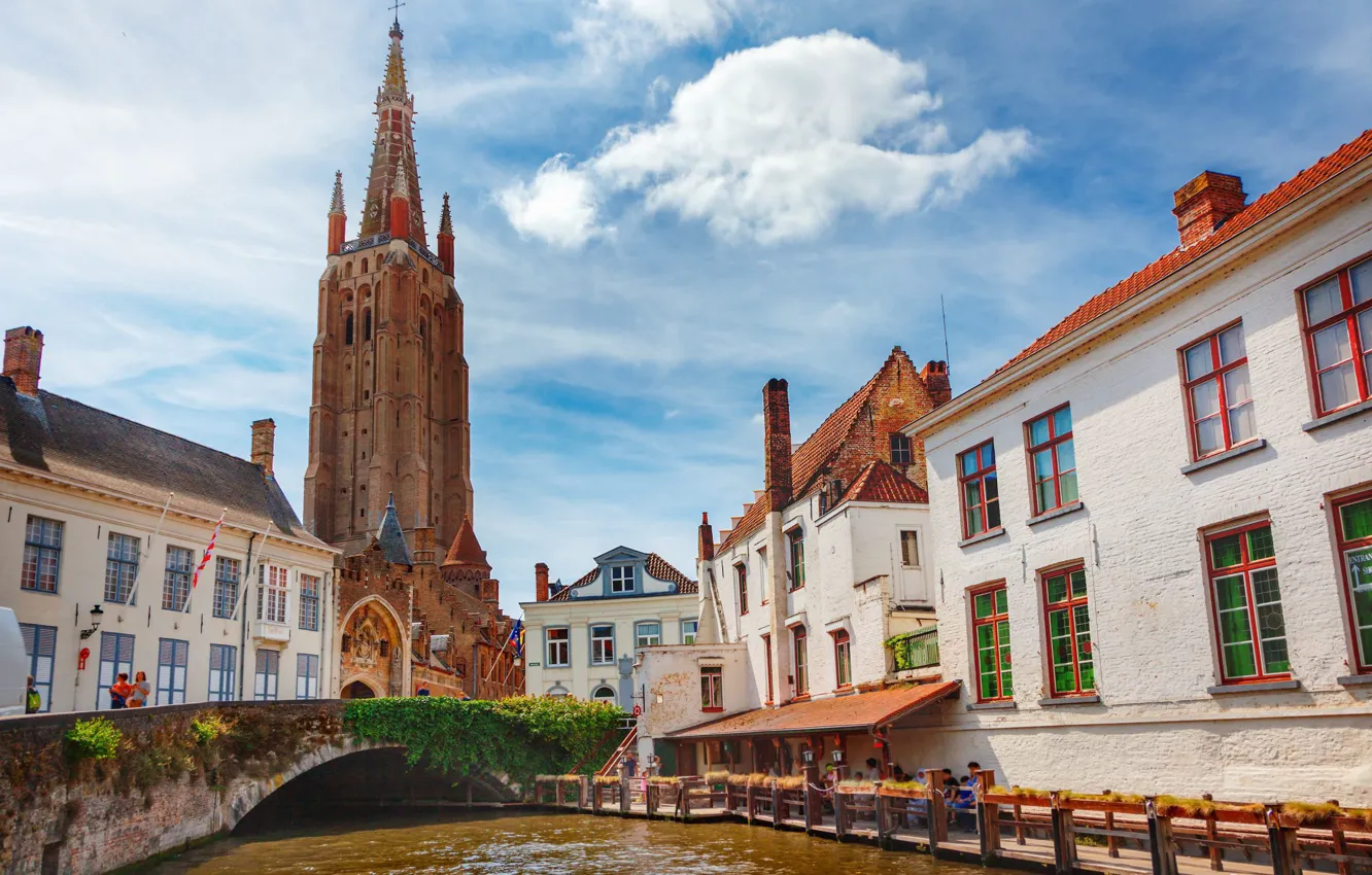 Фото обои мост, дома, канал, Бельгия, Брюгге, Church of Our Lady