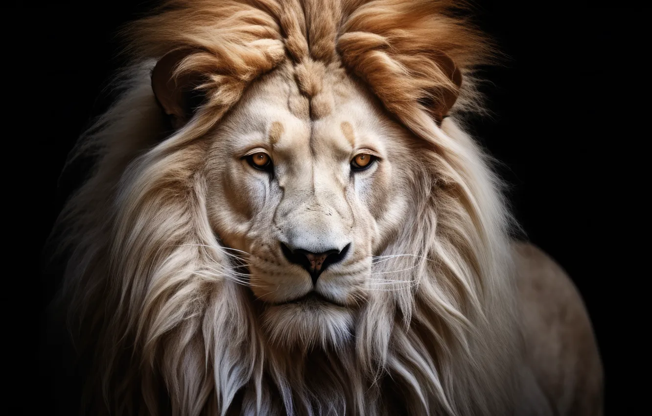 Фото обои белый, взгляд, морда, поза, портрет, лев, черный фон, дикая кошка