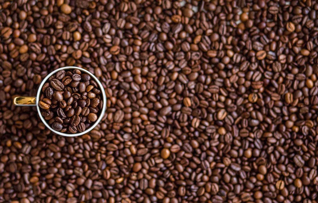 Фото обои Макро, Зерна, Кофе, Куча, Чашка, Много, Кофейные зерна, Coffee