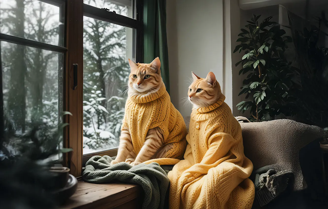 Фото обои зима, кошка, кот, взгляд, снег, кошки, поза, комната