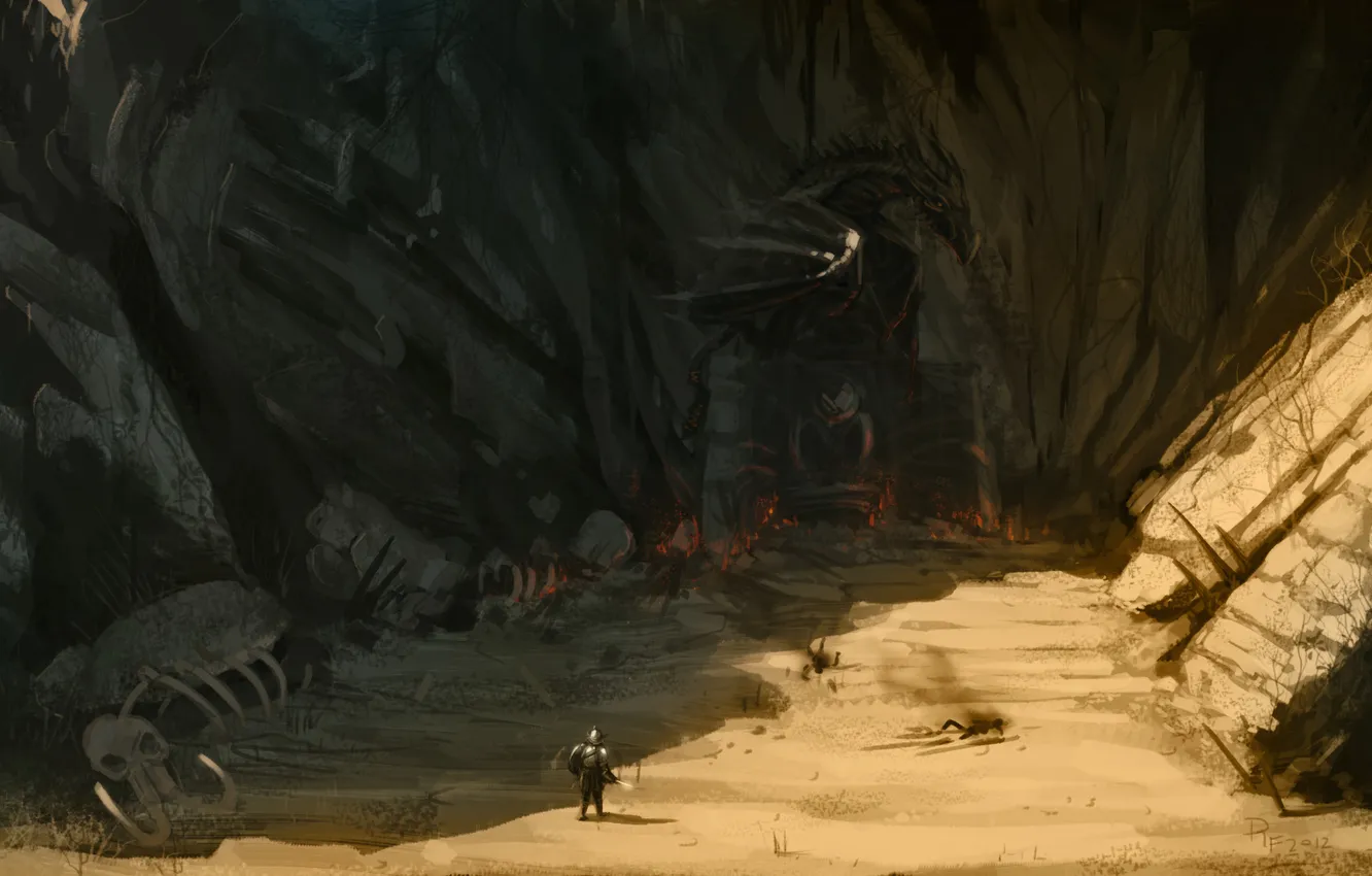 Фото обои горы, скалы, дракон, тень, воин, арт, кости, ущелье