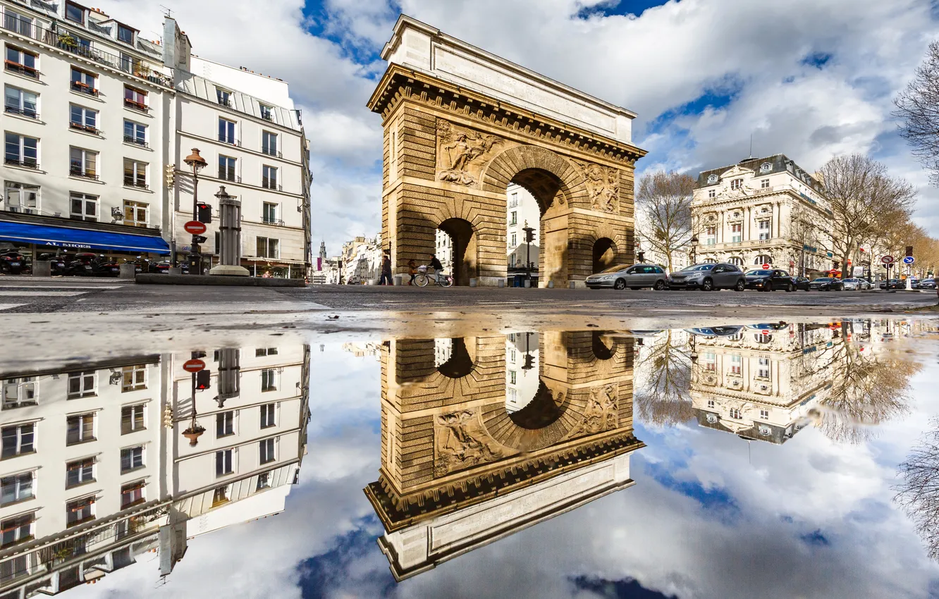 Фото обои отражение, Франция, Париж, дома, ворота, арка, Сен-Мартен