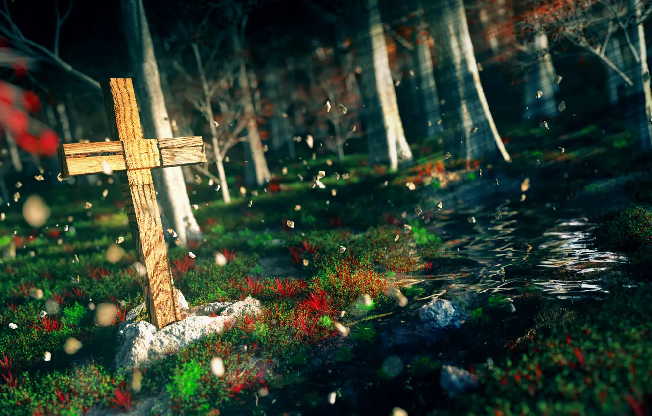Фото обои природа, ручей, крест, by K&P