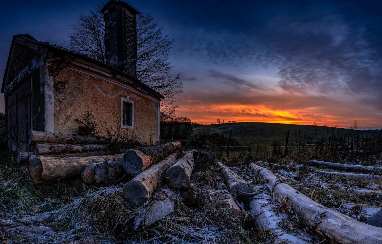 Фото обои дом, брёвна, заря