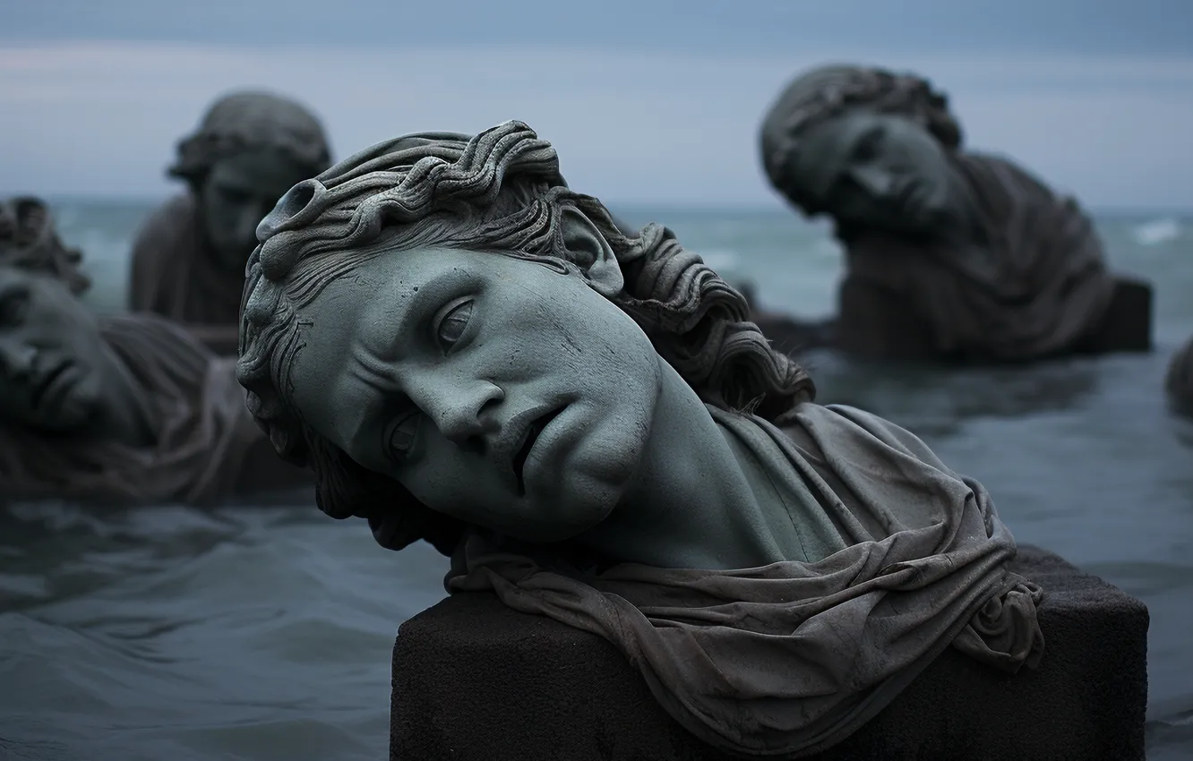 Фото обои Вода, Облака, Скульптура, Цифровое искусство, Головы, ИИ-арт, Искусство искусственного интеллекта, Нейросеть