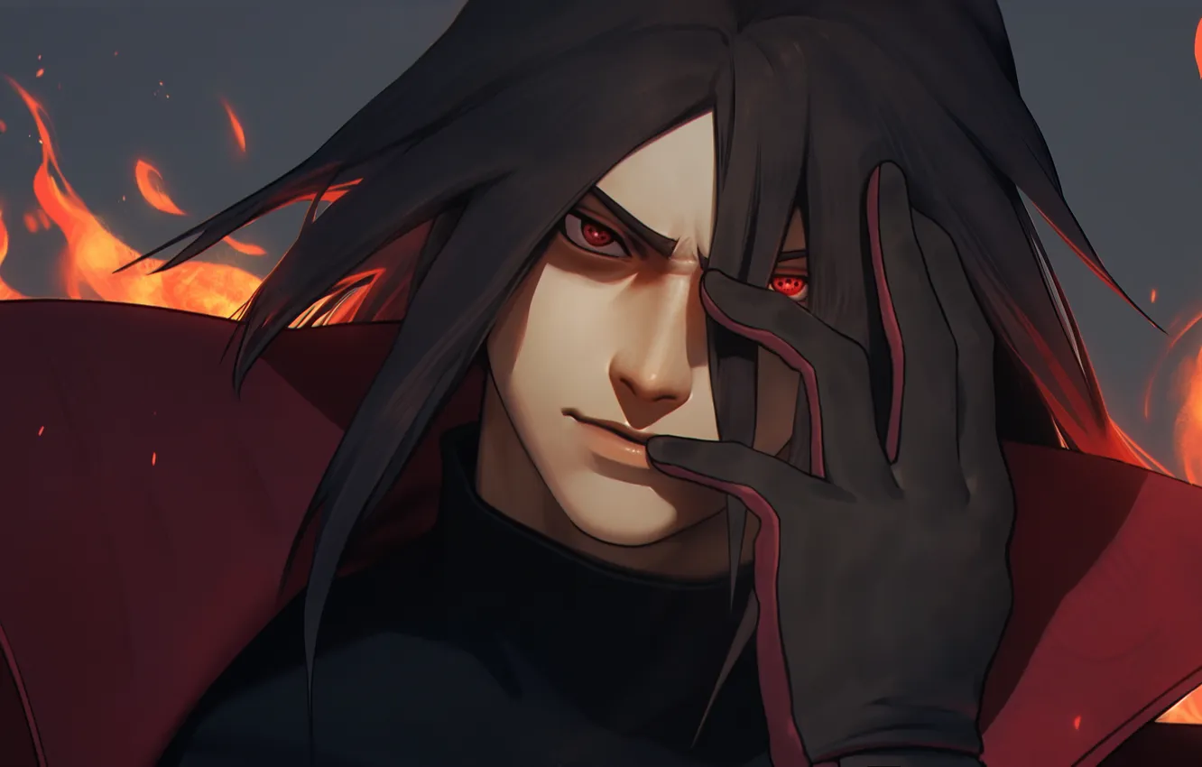 Фото обои взгляд, огонь, рука, арт, парень, Naruto, перчатка, Madara Uchiha