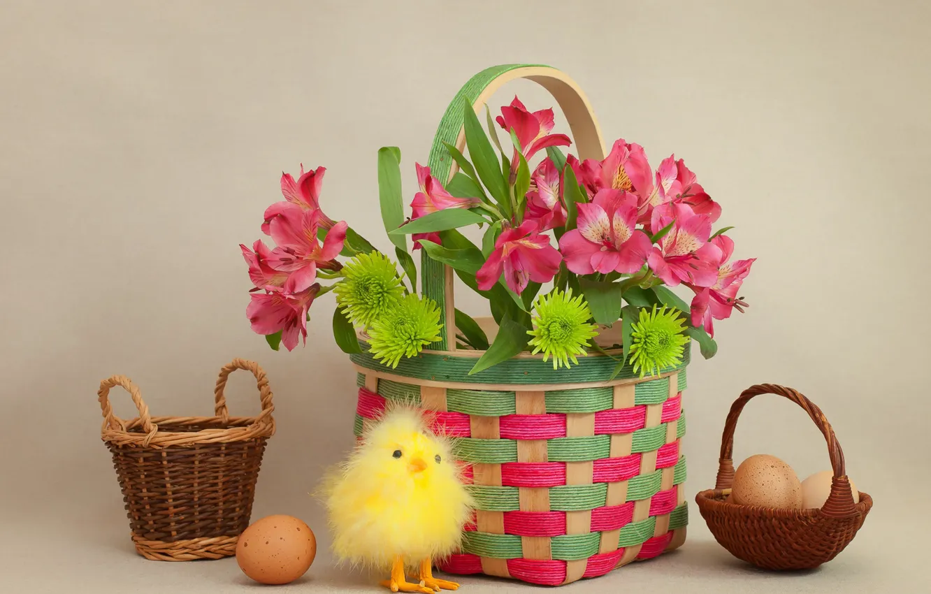 Фото обои цветы, корзина, яйца, Пасха, цыпленок