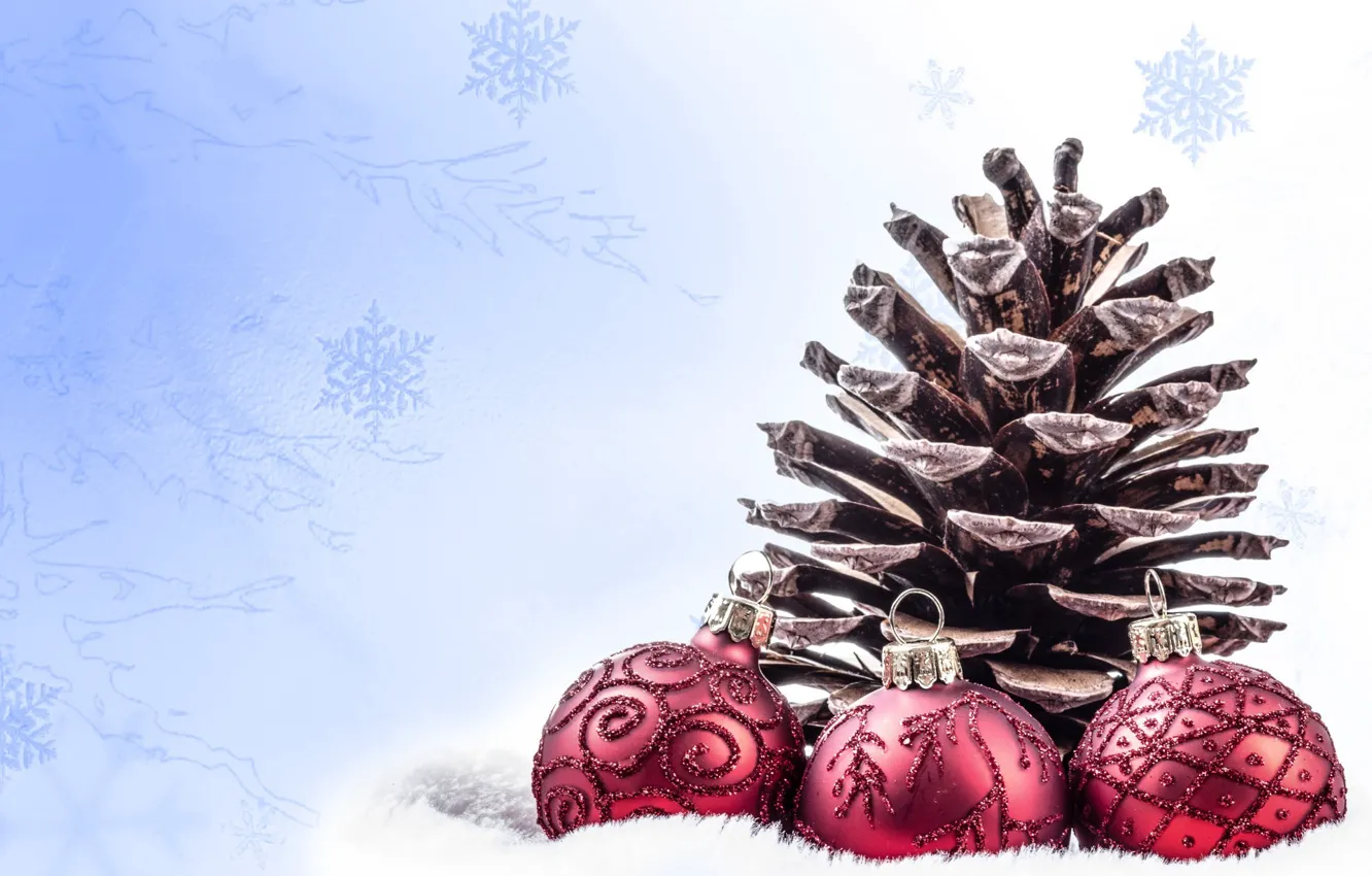 Фото обои шарики, снежинки, праздник, новый год, шишка