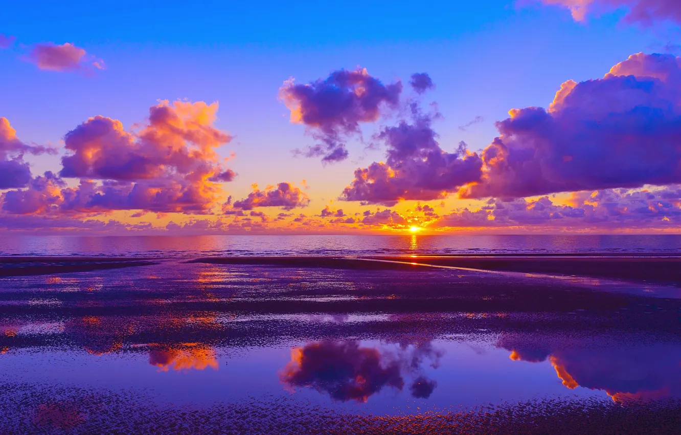 Фото обои sea, coast, sunset, clouds, sun