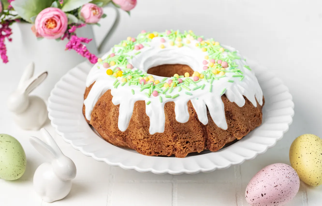 Фото обои цветы, яйца, весна, colorful, Пасха, happy, cake, кулич