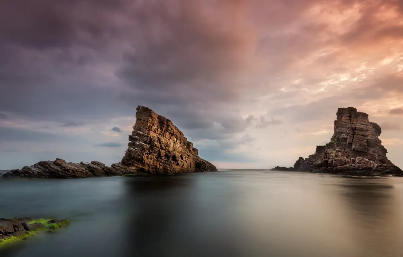 Фото обои море, пляж, пейзаж, природа, восход, камни, скалы, берег