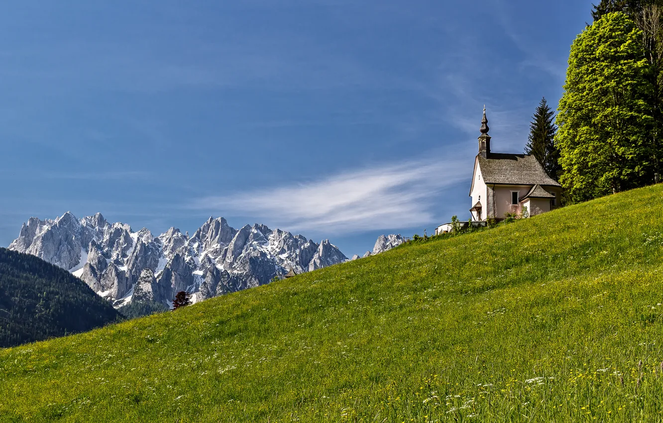 Фото обои трава, горы, склон, Альпы, церковь