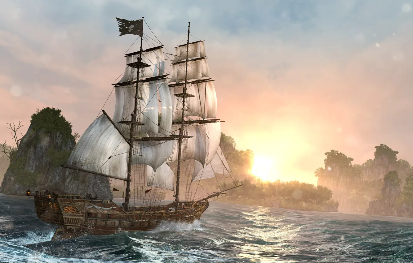 Фото обои ночь, корабль, остров, Black Flag, Assassin's Creed IV
