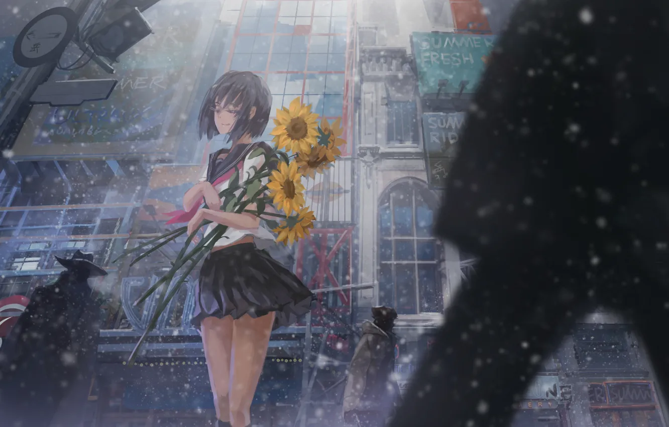 Фото обои зима, девушка, снег, подсолнухи, цветы, улица