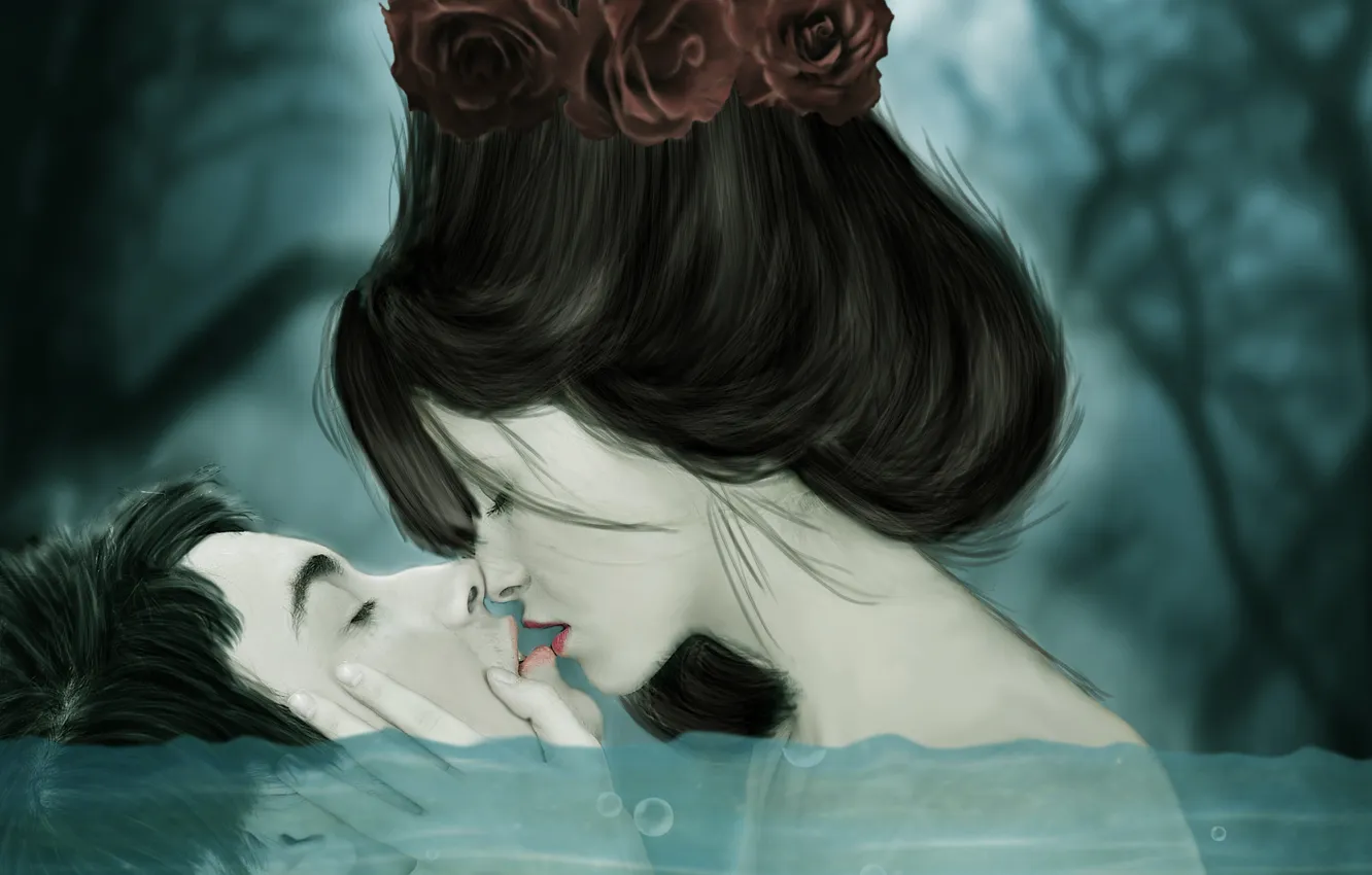 Фото обои вода, девушка, цветы, пузырьки, лицо, волосы, поцелуй, профиль