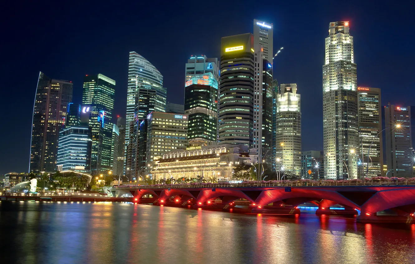 Фото обои ночь, город, река, сингапур, ночьной город