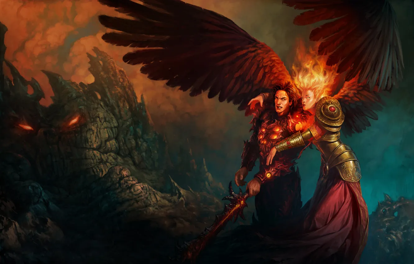 Фото обои девушка, скалы, огонь, крылья, меч, мужчина, Might & Magic Heroes 6