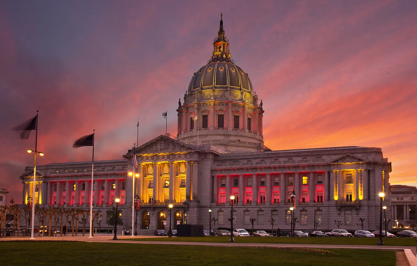 Фото обои здание, подсветка, Сан-Франциско, сумерки, Мэрия
