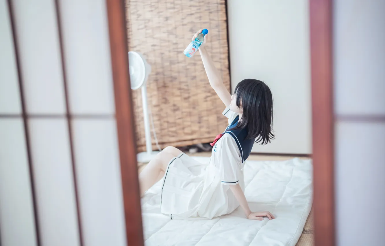 Фото обои Beautiful, Asian, Model, Bed, Woman, Pretty, Sitting, Uniform