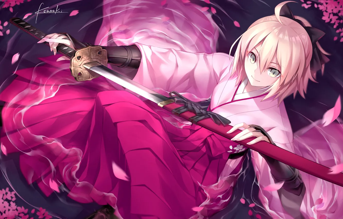 Фото обои девушка, оружие, меч, кимоно, сидит, saber, fate stay night, anime