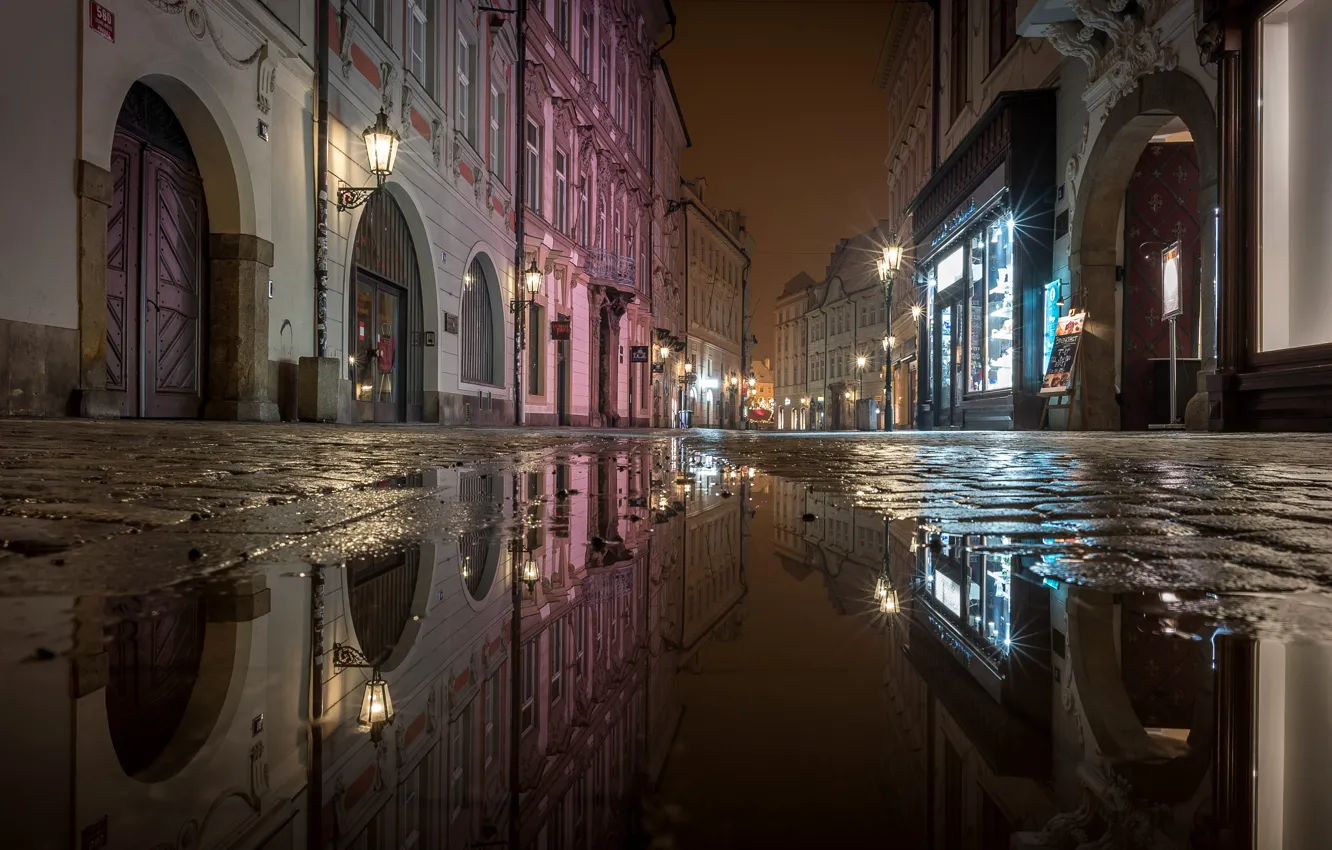 Фото обои вода, ночь, огни, отражение, улица, дома, Прага, Чехия