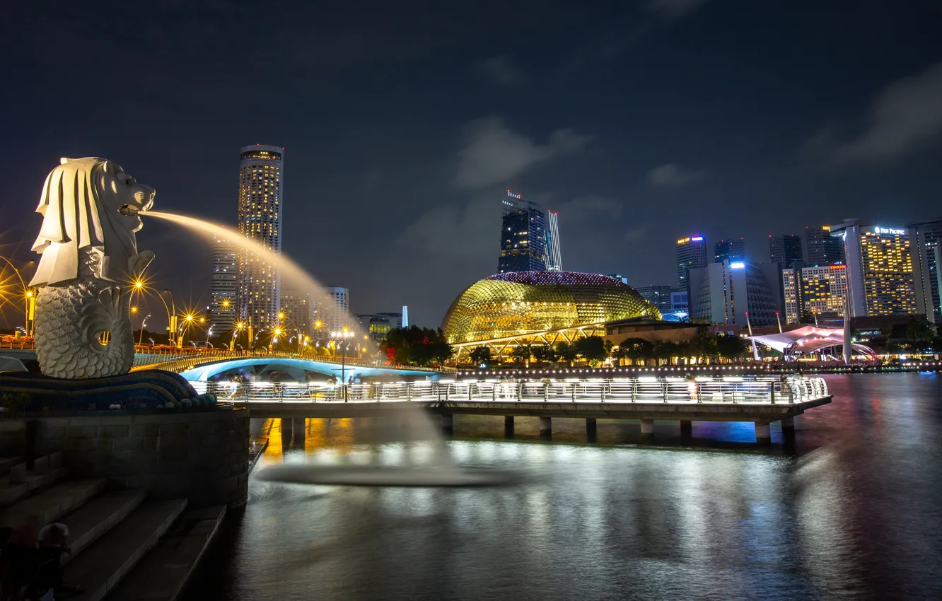 Фото обои ночь, огни, здания, дома, фонари, залив, Сингапур, фонтан